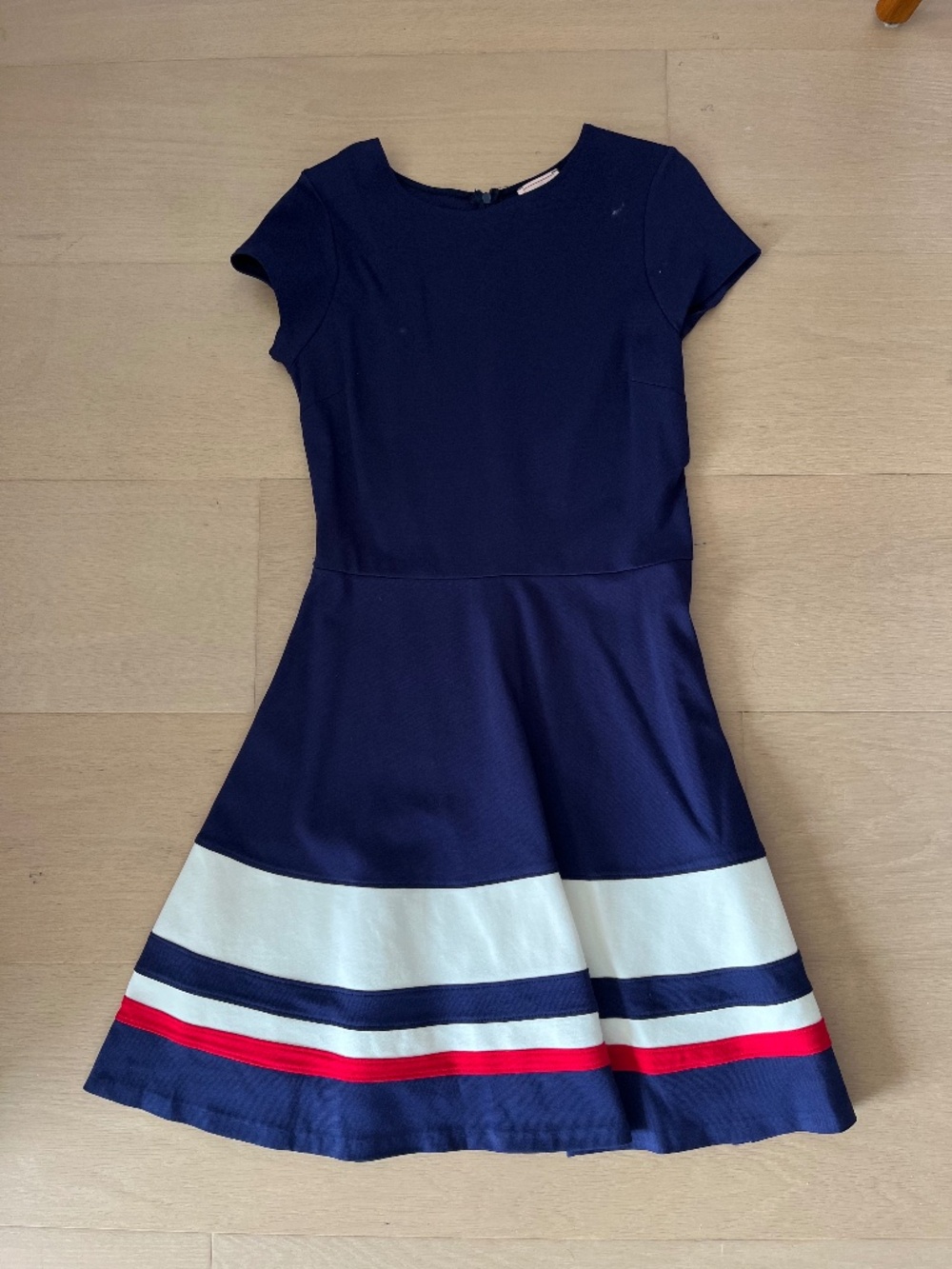 Love...Ady Navy Fit & Flare Dress Red White Stripe Hem Cap Sleeve Size L